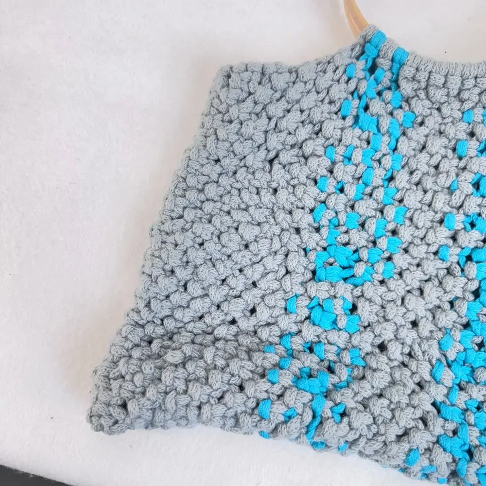 Handmade Crochet Tote Bag Gray Blue Striped Yarn Purse with Wooden Round Handles